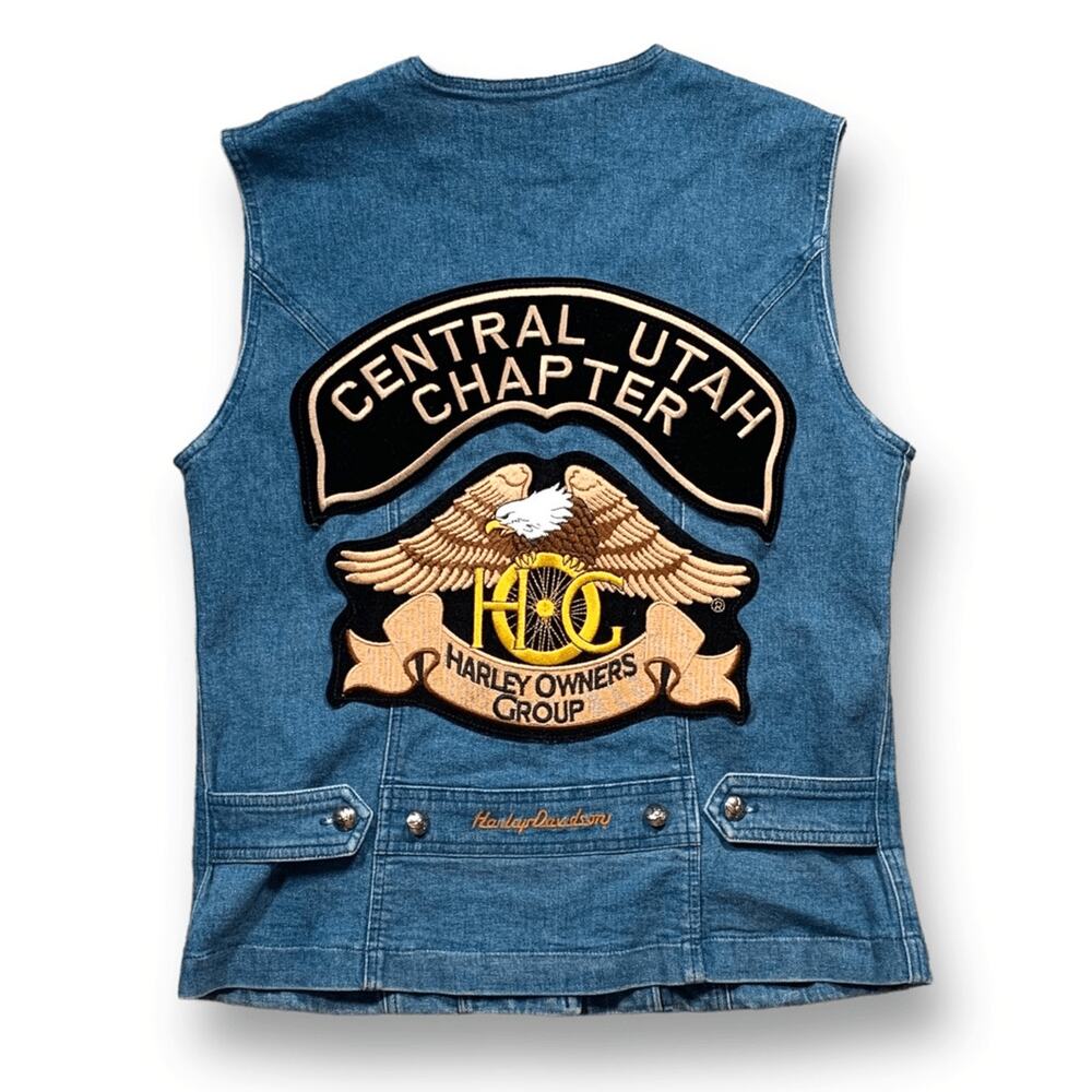 Vintage Harley‎ Davidson HOG Denim Vest Eagle Rose Patch Biker Motorcycle Layer